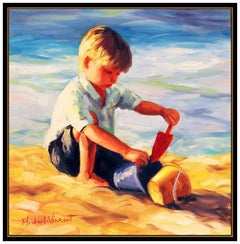 Michael Vincent Original Oil Painting On Canvas Signed Child Boy Beach Artwork