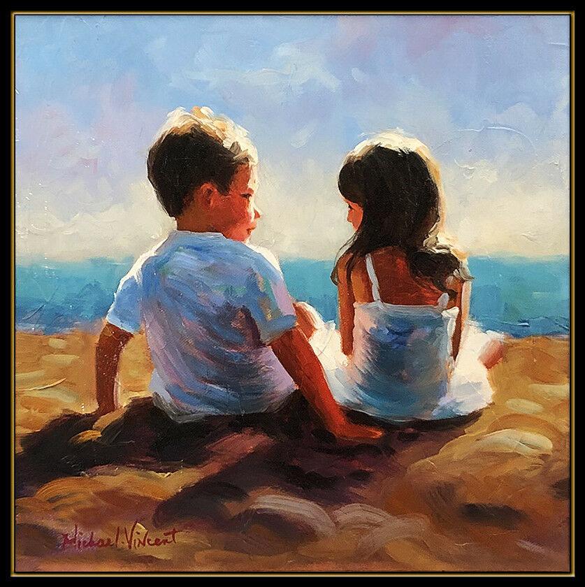 Michael Vincent Original Painting Oil On Canvas Signed Children Portrait Artwork For Sale 1