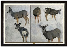 George Browne Oil Painting on Canvas Board Diptych Animal Wildlife Deer Signed