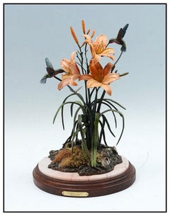 Frank Divita Bronze Flower Sculpture Signed Summer Lilies Hummingbird Artwork
