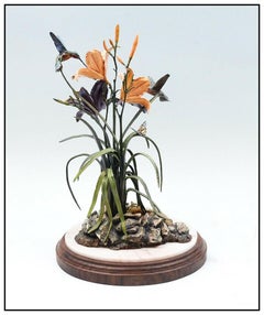 Frank Divita Bronze Flower Sculpture Signed Summer Lilies Hummingbird Artwork