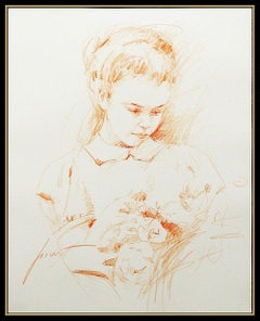 Pino Daeni Original Drawing Signed Child Portrait Floral Bouquet Framed Artwork