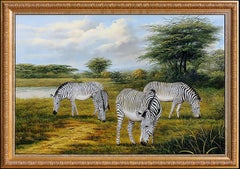 Ray Jacob Wildlife Original Painting Oil on Canvas Signed Large Zebras Disney