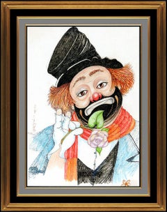 Vintage Red Skelton Freddie Clown Hand Signed Crayon Pastel Drawing On Linen Painting