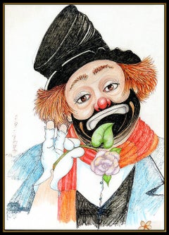 Red Skelton Freddie Clown Hand Signed Crayon Pastel Drawing On Linen Painting