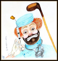RED SKELTON Original Freddie Clown Pastel Drawing On Linen Painting Signed Art