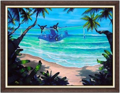 Rob Kaz Large Original Oil Painting On Canvas Signed Seascape Airplane Artwork