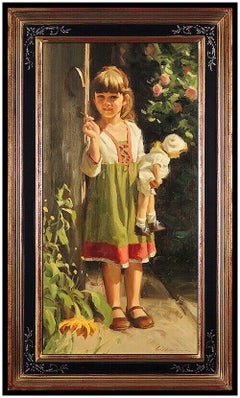 Tom Browning Original Painting Oil On Canvas Child Portrait Signed Framed Art
