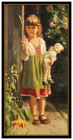 Tom Browning Original Painting Oil On Canvas Child Portrait Signed Framed Art