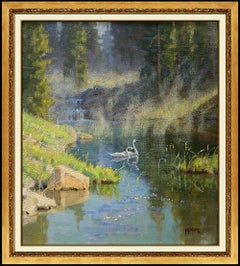 Wayne Wolfe Original Oil Painting On Board Landscape Swan Wildlife Signed Art