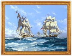 John Bentham Dinsdale Oil Painting On Canvas Large Signed Sailboat Navy War Ship