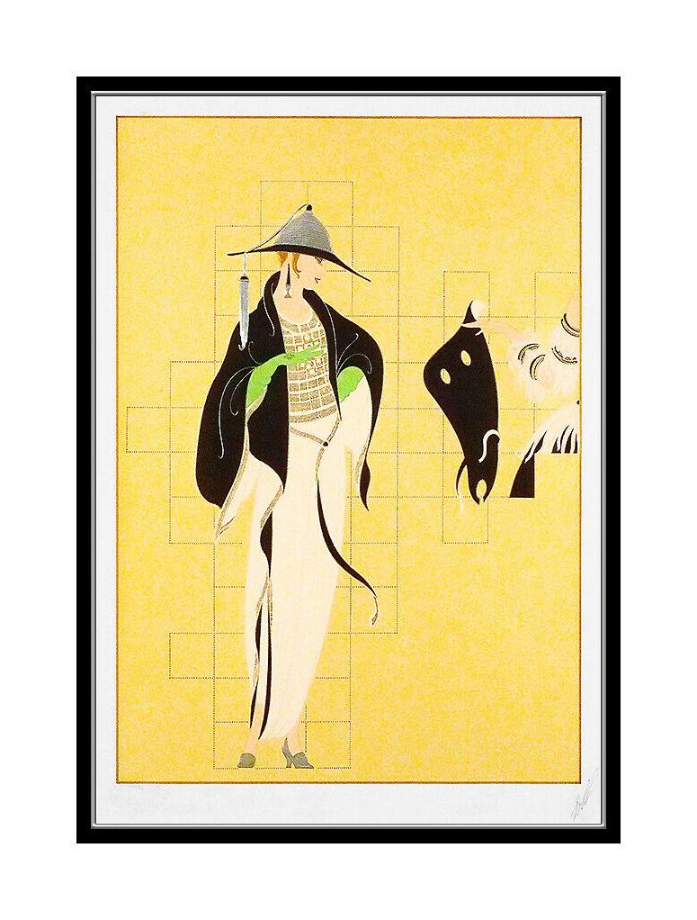 Erte Large Color Haute Couture Serigraph Signed Art Deco Romain Tirtoff Fashion - Yellow Figurative Print by Erté
