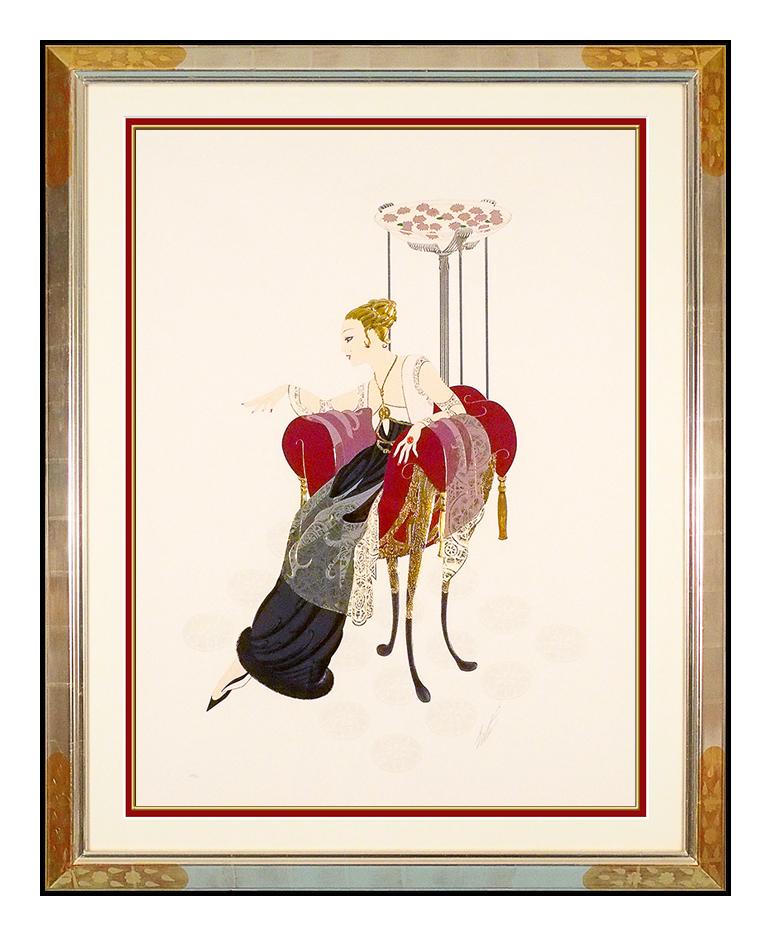 Erté Figurative Print - Erte Large Embossed Serigraph Lilies Lace Signed Ballet Costume Design Art Deco