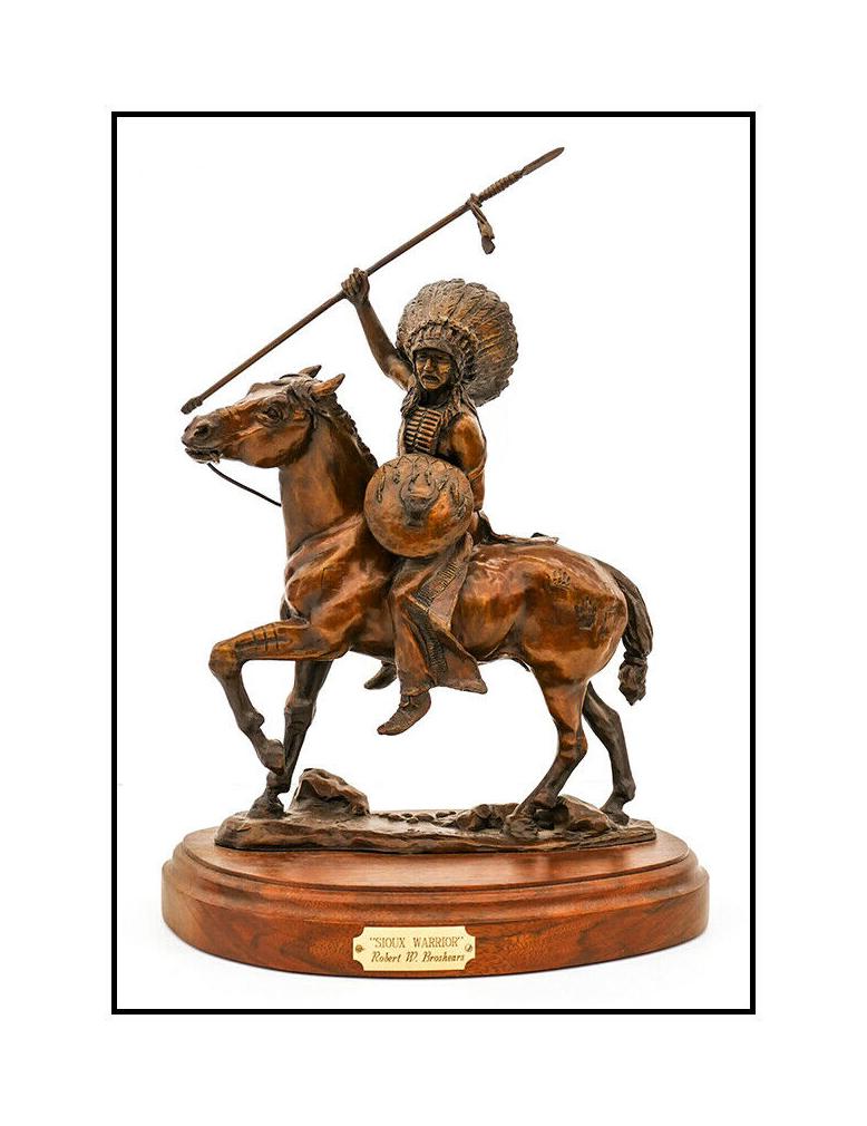 Robert W. Broshears Figurative Sculpture - Robert Broshears Sioux Warrior Bronze Sculpture Signed Native American Horse Art