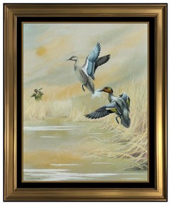 Harry Adamson Gouache Painting On Board Wildlife Teal Ducks Signed Landscape Art