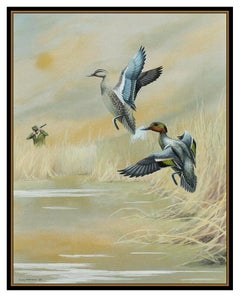 Harry Adamson Gouache Painting On Board Wildlife Teal Ducks Signed Landscape Art