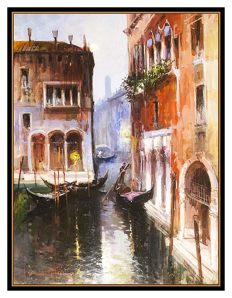 Peinture à l'huile sur panneau originale signée Claudio Simonetti, paysage urbain du canal de Venise 1