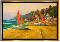 Ming Feng Large Original Oil On Canvas Signed Beach Landscape Waterfront Artwork