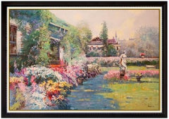 Ming Feng Large Original Painting On Canvas Signed Floral Garden Framed Artwork