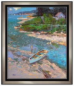 Ming Feng Painting Oil On Canvas Signed New England Water Seascape Framed Art