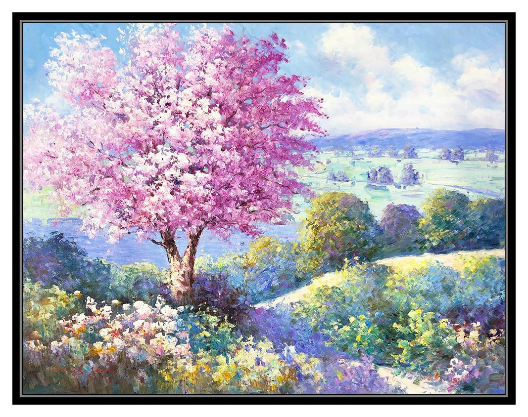 Charles Zhan Large Original Painting OIl On Canvas Signed Floral Landscape Art For Sale 1
