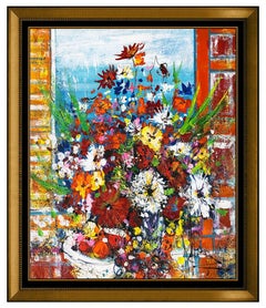 Guy Dessapt Original Flower Painting Oil On Canvas Signed French Framed Artwork