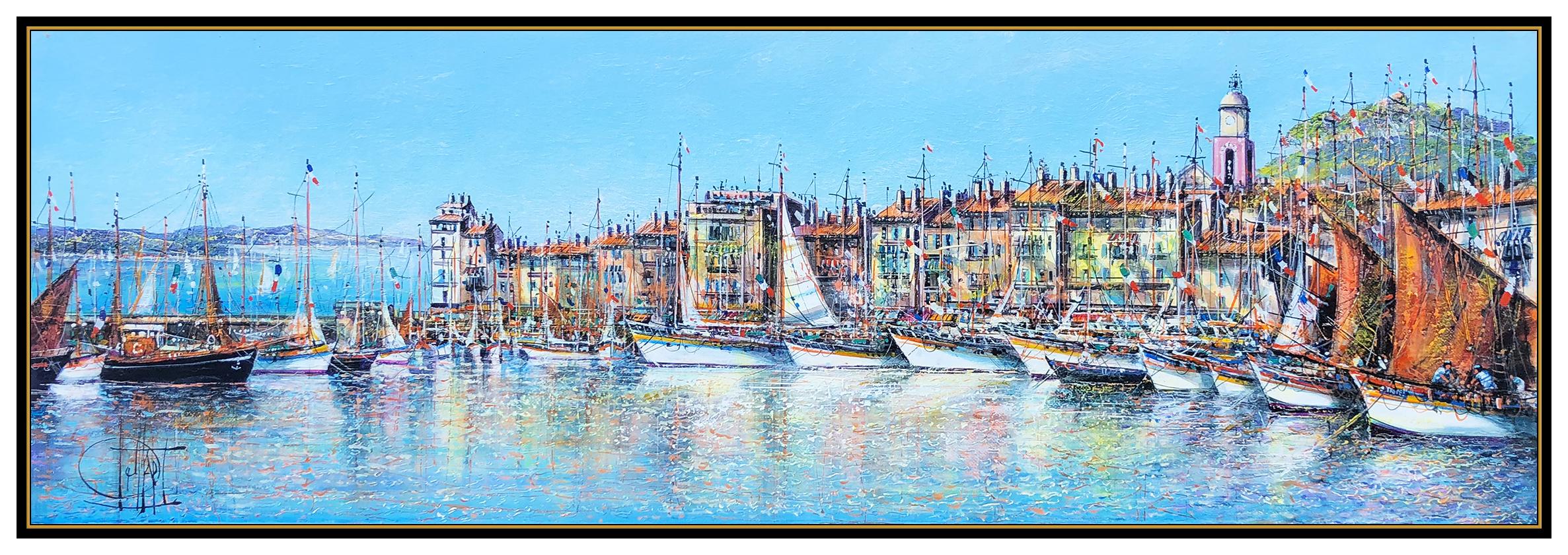Guy Dessapt Original Painting Large Oil On Canvas French Landscape Harbor Art 1
