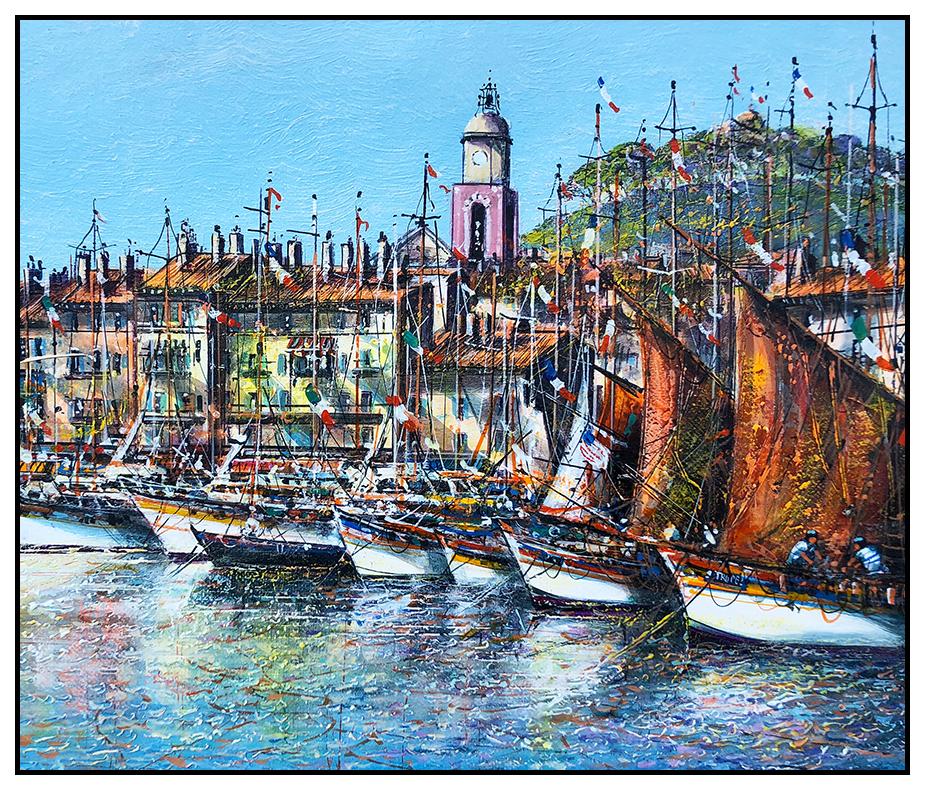 Guy Dessapt Original Painting Large Oil On Canvas French Landscape Harbor Art 2