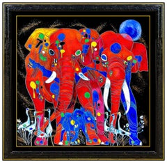 Jiang Tie Feng Elephant Family Serigraph Hand Signed Large Animal Chinese Art