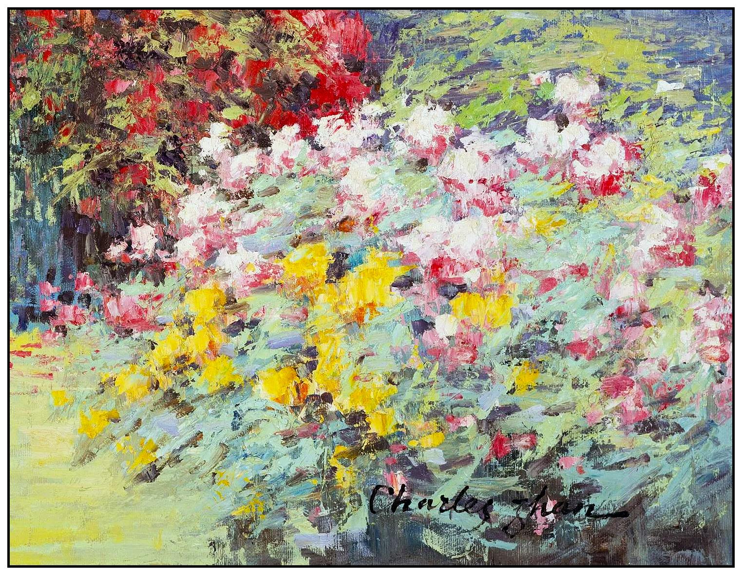 Charles Zhan Original Oil Painting On Canvas Signed Large Floral Garden Scene For Sale 1