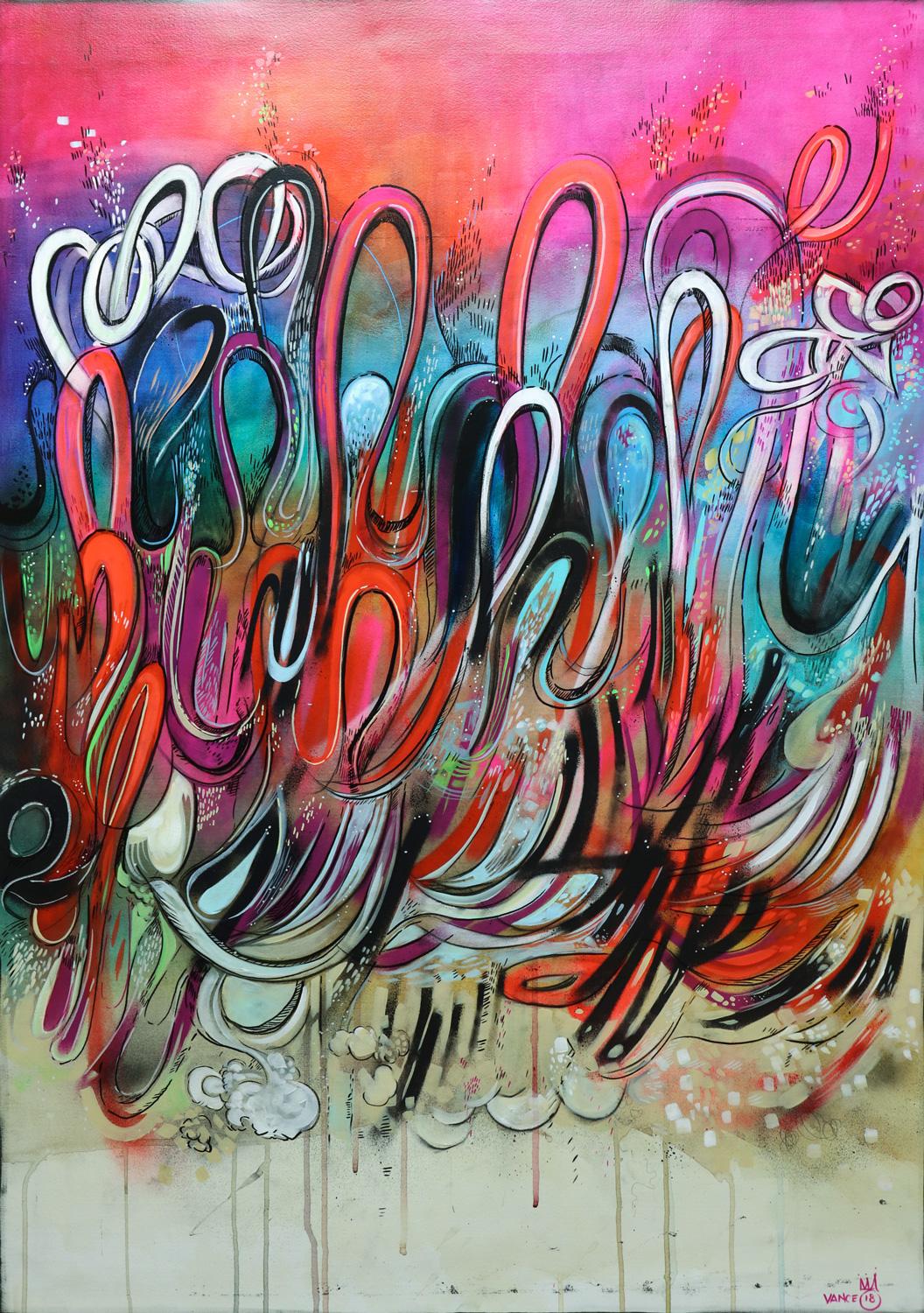 Chris Vance  Abstract Painting - Watching Over (Abstract painting on paper with bright colored graffiti shapes)