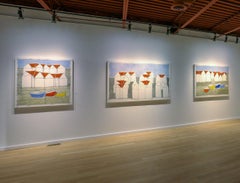 Three Boats (Bright colored oil painting w/ boats and white houses)