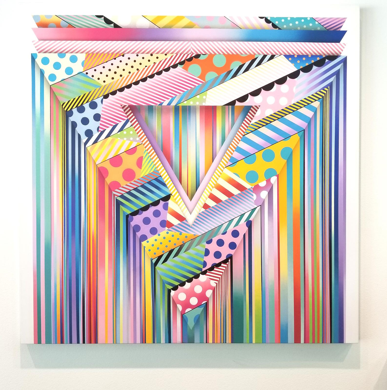 Downers (Spray paint canvas painting w/ bright colors, geometric shapes) - Painting by Jason Woodside