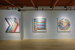 Tri-Movement (Spray paint canvas painting w/ bright colors, geometric shapes)