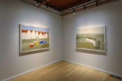 Two Blue Boats (Bright colored oil painting w/ boats and white houses)