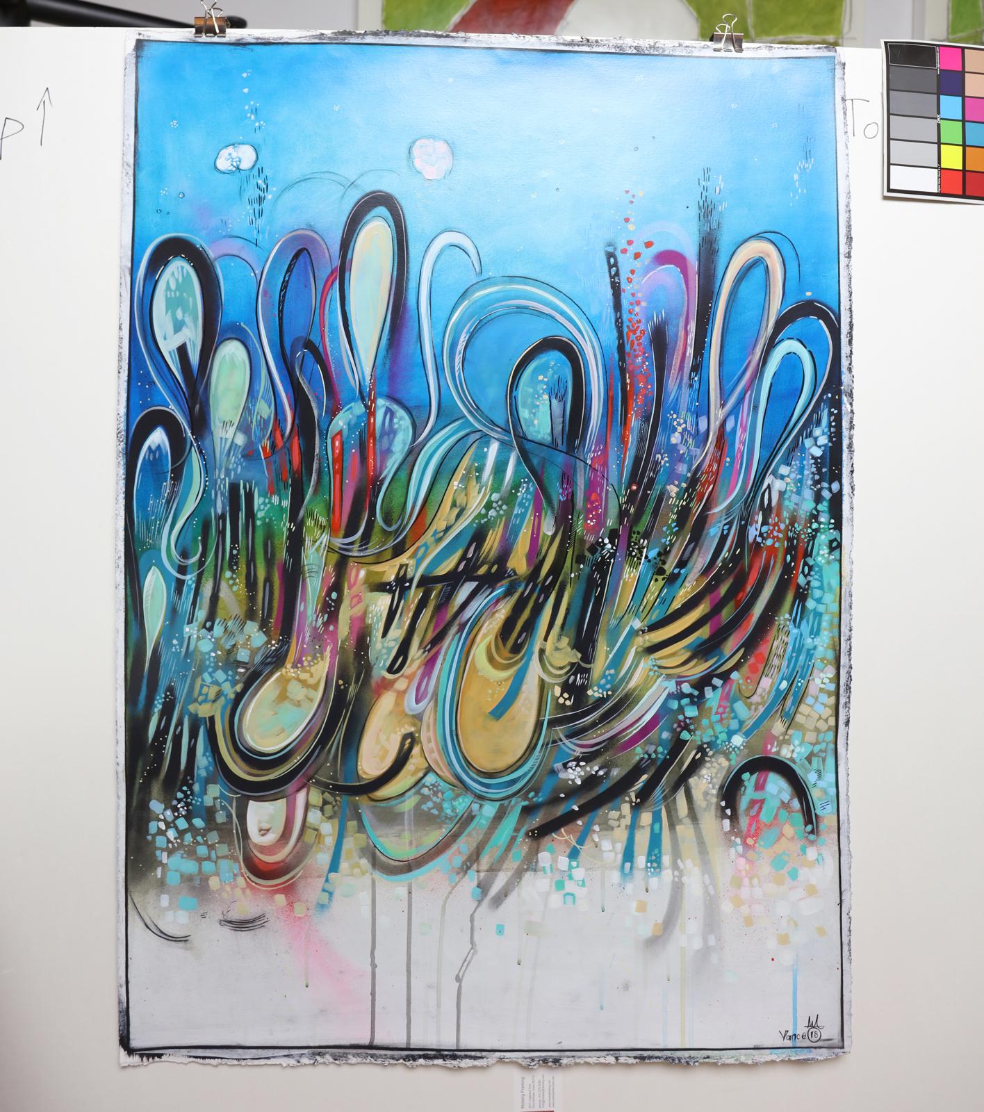 Blue Haze (Abstract painting on paper with bright colored graffiti shapes) - Painting by Chris Vance 