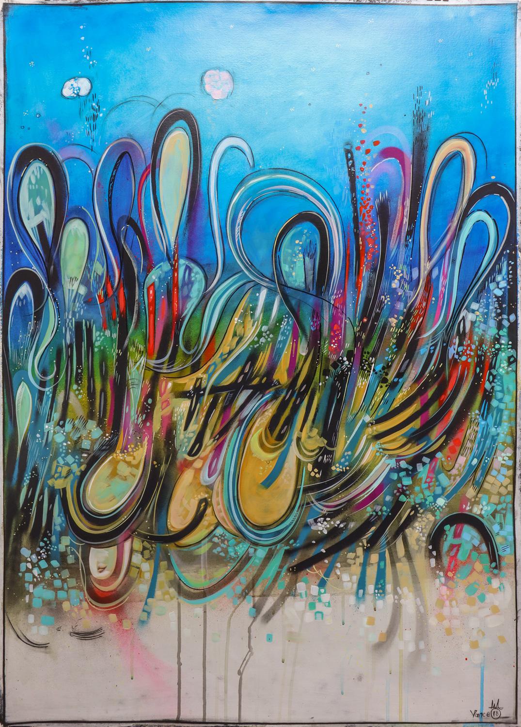 Chris Vance  Abstract Painting - Blue Haze (Abstract painting on paper with bright colored graffiti shapes)
