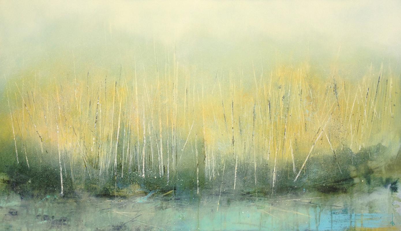 Derrick Breidenthal  Landscape Painting – Sylvan Stirring (Diffused light abstract landscape with trees oil on panel) 