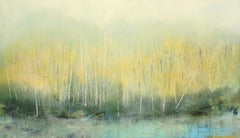 Sylvan Stirring (Diffused light abstract landscape with trees oil on panel) 