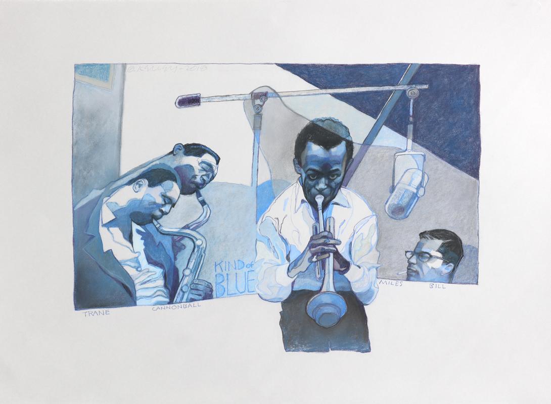 Gary Kelley Figurative Painting - Kind of Blue (Pastel on paper of Jazz musicians Miles Davis, John Coltrane)