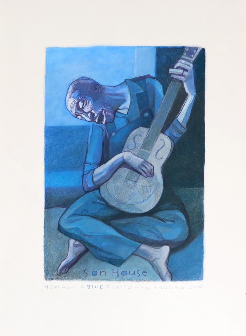 Gary Kelley Figurative Painting - Son House (Pastel on paper of Blues musician Son House, homage to Picasso)