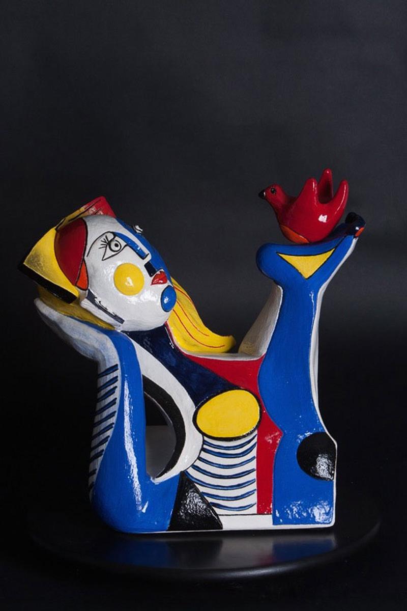 Annick Ibsen  Figurative Sculpture - The Questioner (Cubism ceramic sculpture based on Enneagram personalities)
