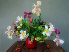Red Vase (Still life digital floral painting printed on canvas, framed) 