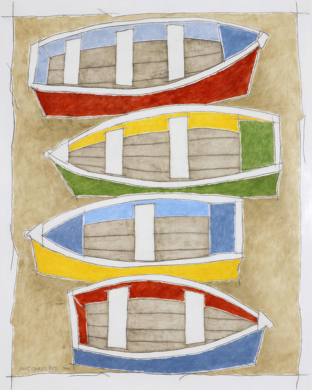 Scott Charles Ross  Landscape Painting - Four Boats (Earth color oil painting on linen stretched on panel)