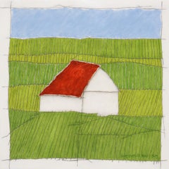 Red Roof (Earth color oil painting on linen stretched on panel)
