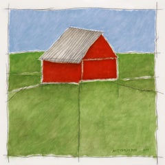 The Old Red Barn (Earth color oil painting on linen stretched on panel)