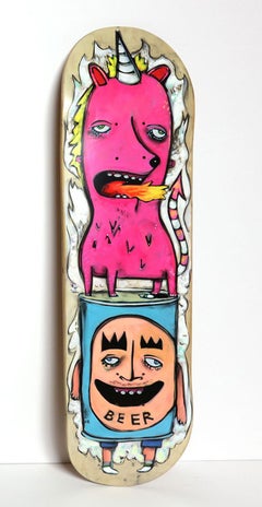 Fire Unic (Figurative Painting Panel Bright Colors on Skateboard Deck)