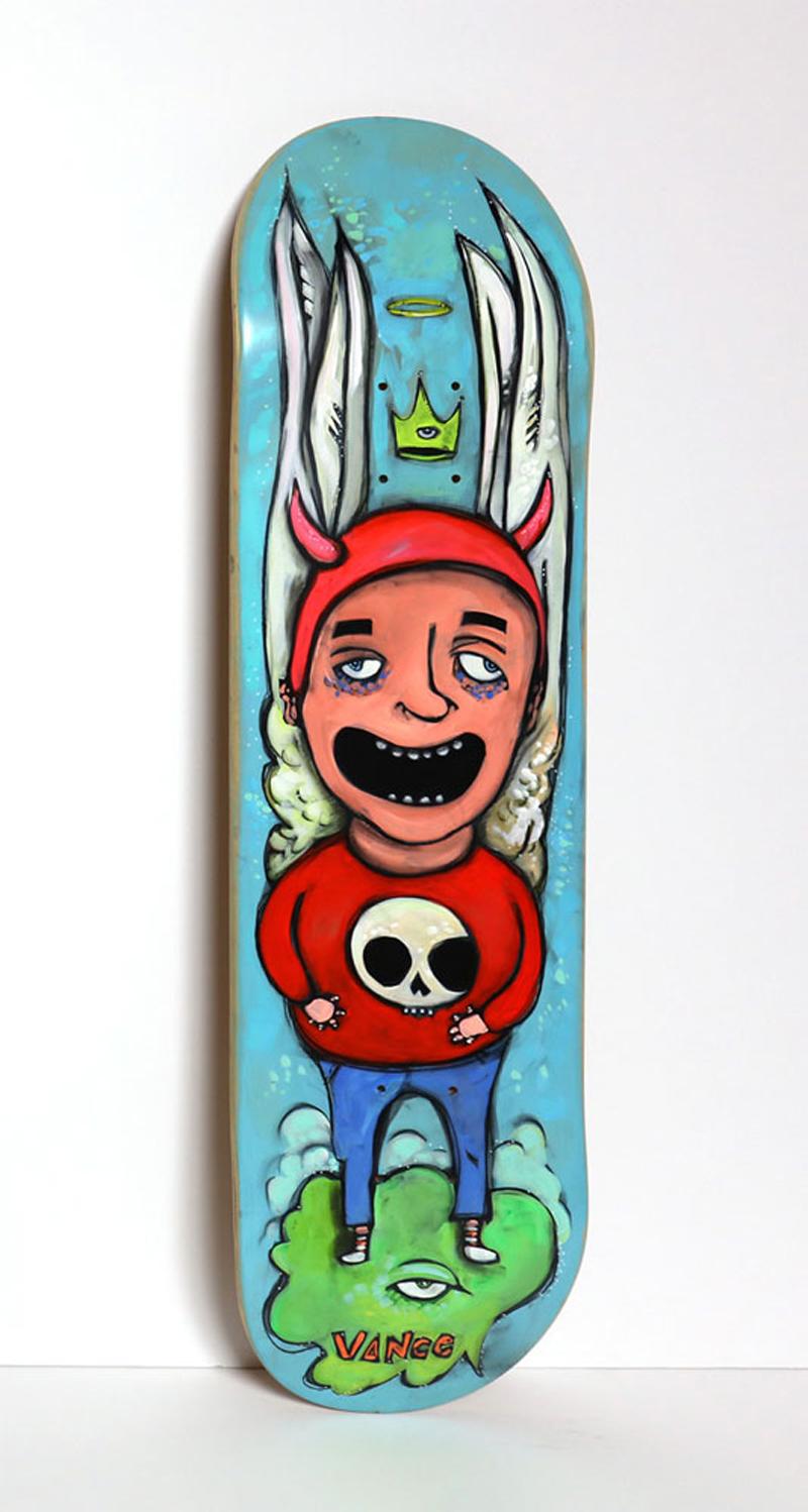 "Two Sides To A Teenager" by Chris Vance Figurative Painting on Skateboard Deck with Bright Colors  

Chris Vance is available for site-specific commissioned artworks of any scale. Message us for additional information and images. 

Chris Vance is