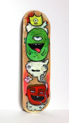 Smoking in Can (Figurative Painting Panel Bright Colors on Skateboard Deck)