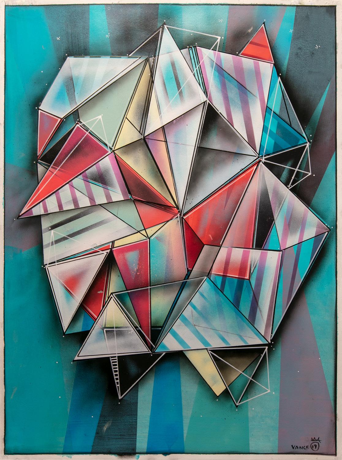 Pull the Rug (Abstract Painting on Paper with Bright Colors) by Chris Vance - Geometric and organic shapes with elements of graffiti and street art, utilizing spray paint. Framing is not included in the price but can be added for $450. Chris Vance
